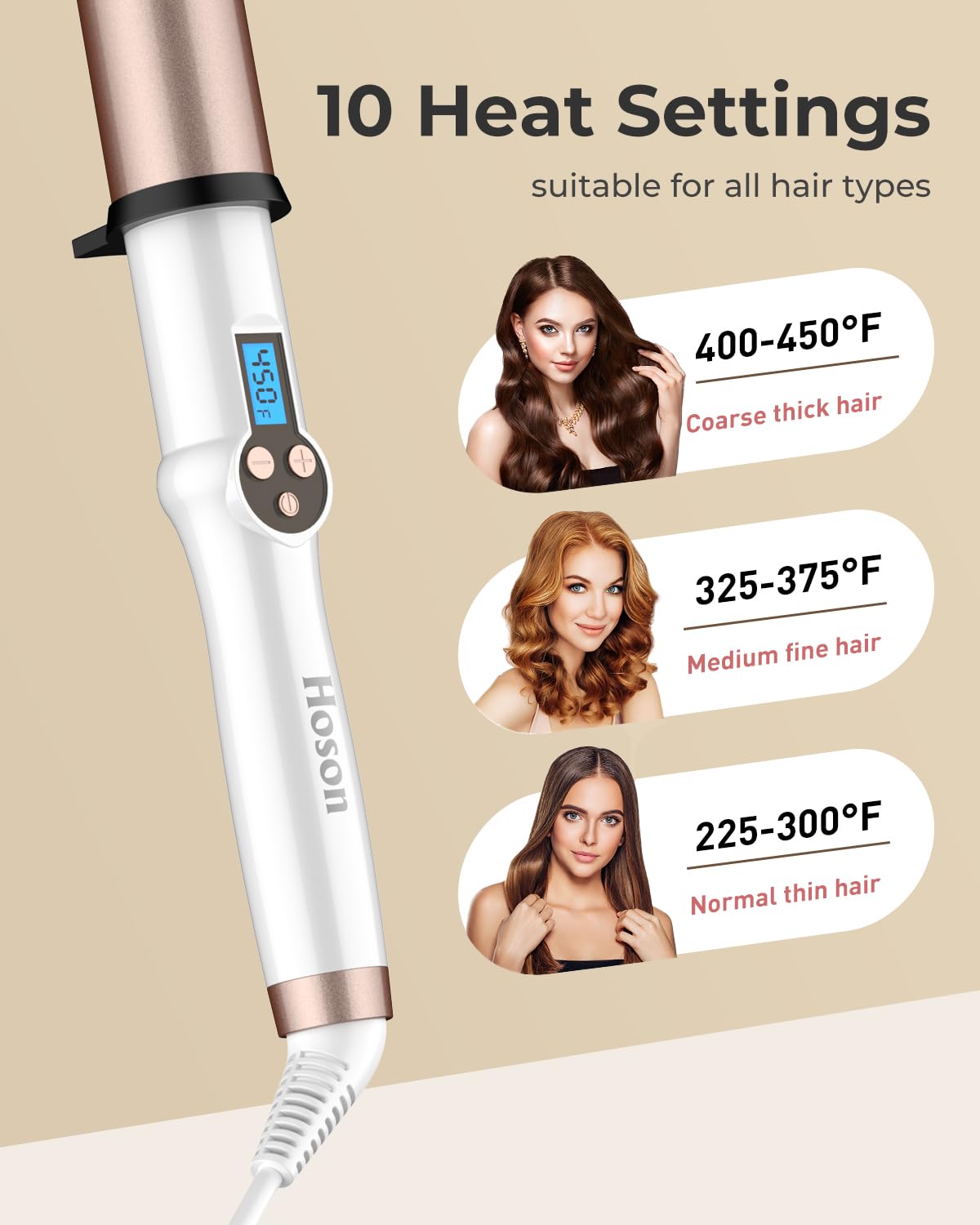 HOSON Varita rizadora grande de 1 1/2 pulgadas para cabello largo, de cerámica extral larga de 1.5 pulgadas, varita rizadora profesional de doble voltaje, temperatura ajustable