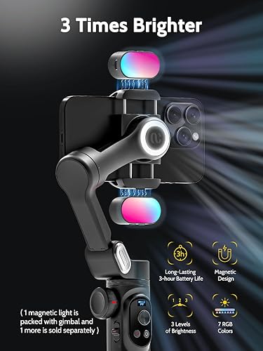 Miniatura 2 de AOCHUAN Gimbal de 3 ejes, estabilizador de cardán para teléfono inteligente con luz de relleno magnético RGB para iPhoneAndroid, cardán plegable