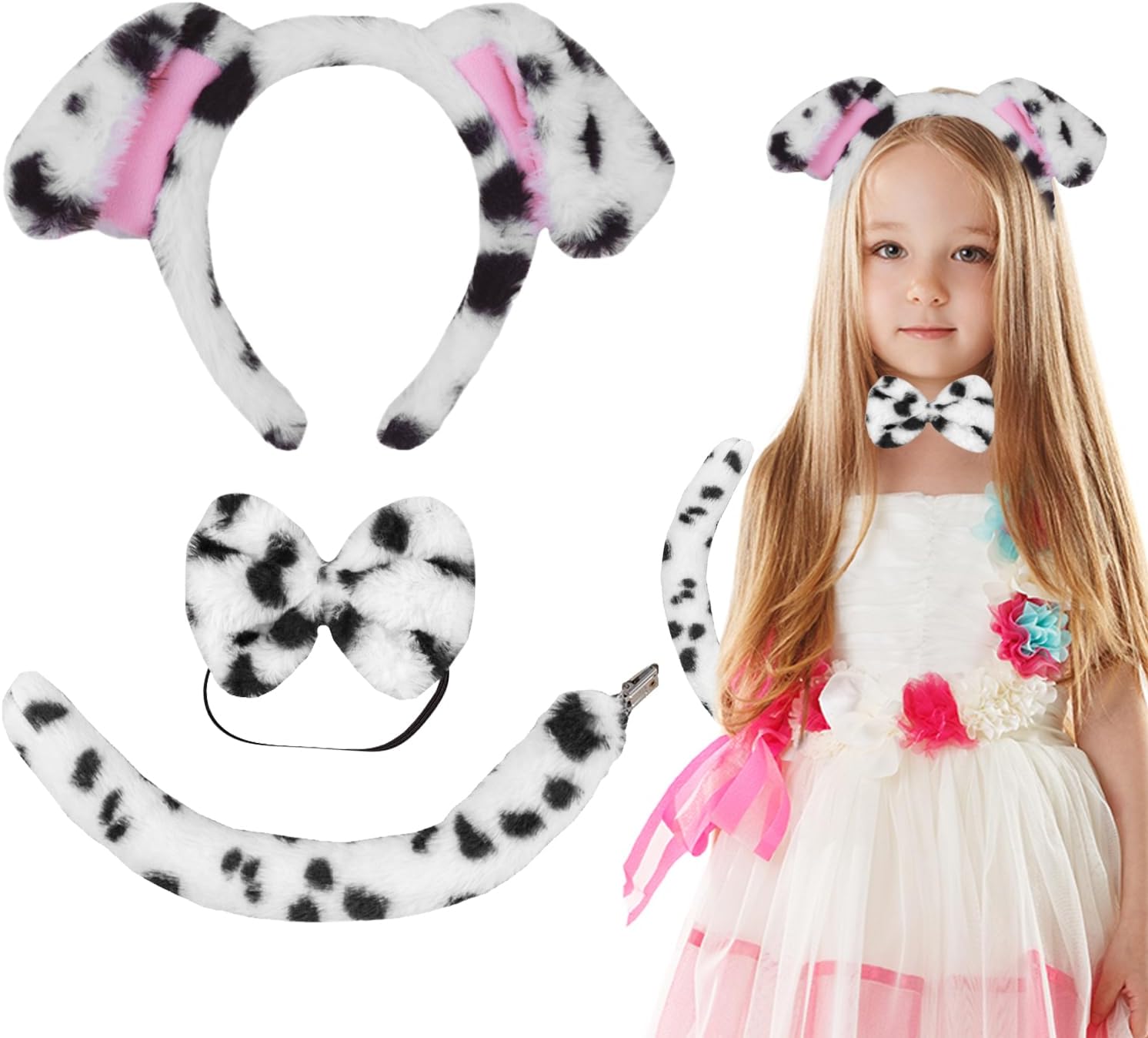 3Pcs Spotted Dog Costume Set, Animals Cosplay, Animal Fancy Costume Kit, Headband Bowtie Tail, for Kids Boys and Girls, Pretend Play Fancy Dress for Halloween Birthday Carnival A6-BDGTZ