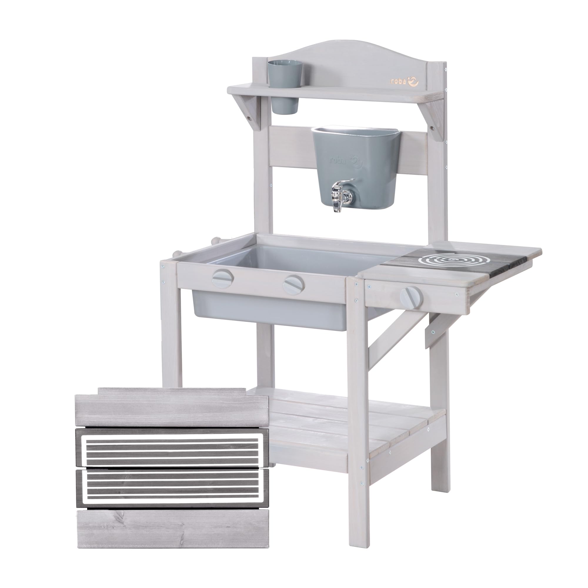 roba Cuisine Extérieure Compacte pour Enfants en Bois Massif - avec Gril, Évier en Plastique, Réservoir à Eau et Accessoires - Idéale de 18 Mois à 8 Ans - Gris Clair
