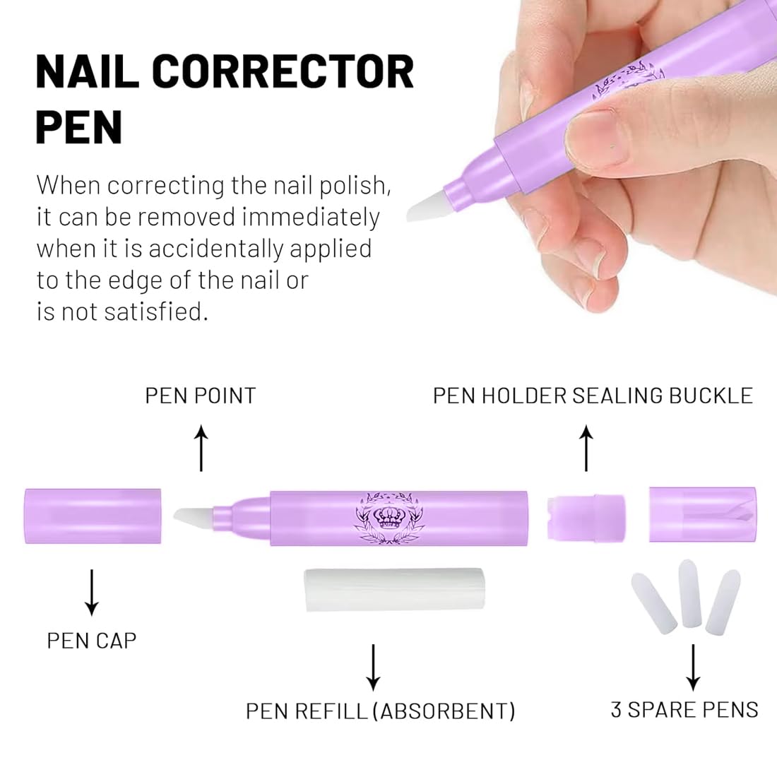 WUSJCOF 3 Pezzi Penna Correttore Smalto con 9 Punte di Ricambio Rimozione Smalto per Unghie Senza Solvente, Nail Remover Correzione Pen, Pennello Correggi Smalto per Unghie