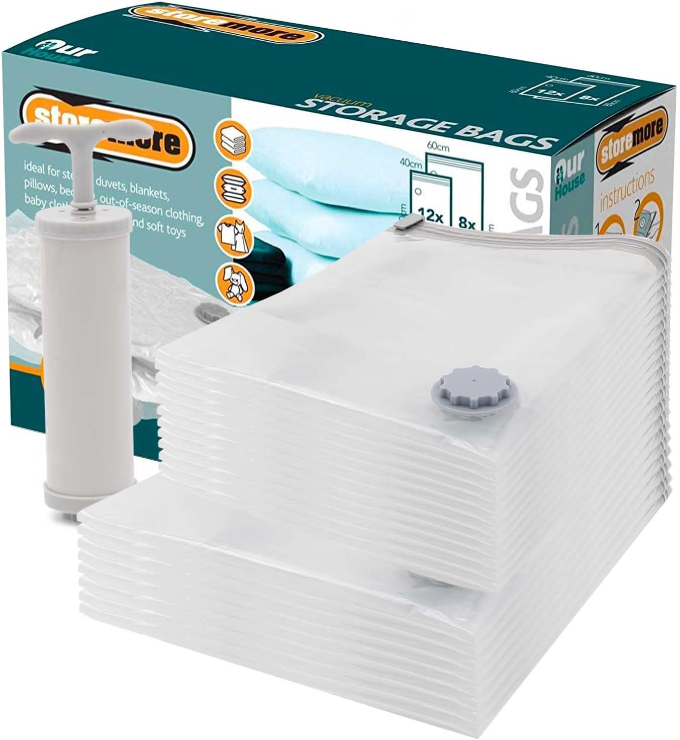 OurHouse Set of 20 VacuumSeal Storage Bags, 12 x 40 x 60 cm & 8 x 60 x