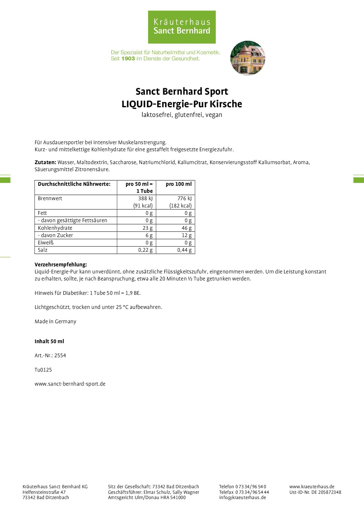 Sanct Bernhard Sport Liquid Energie Pur | 18 Tuben | Kohlehydratreiches Energie-Gel | Geschmack Kirsche | Laktosefrei, glutenfrei und vegan | Deutsche Produktion & laborgeprüft