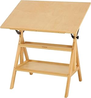 VISWIN Wood Drafting Table for Adults, Drawing Table with Adjustable Angle & 2-Tier Storage Racks for Art Studio, Solid Pine Wood Artist Desk for Drawing, Drafting, Writing, Reading, Sketching