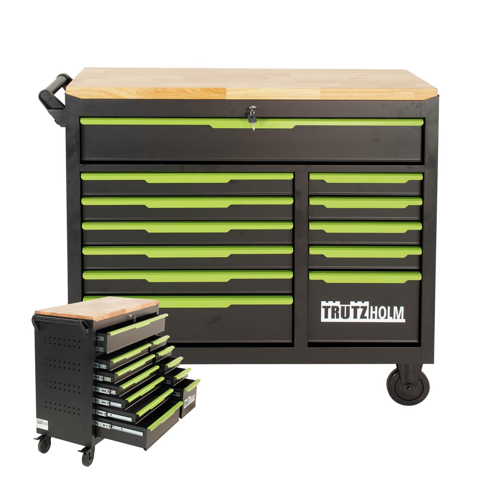 TRUTZHOLM Werkstattwagen Star XL 12 Schubladen unbestück Hartholz-Arbeitsplatte schwarz/grün 103 x 112 cm mit Feststellbremsen, abschließbar
