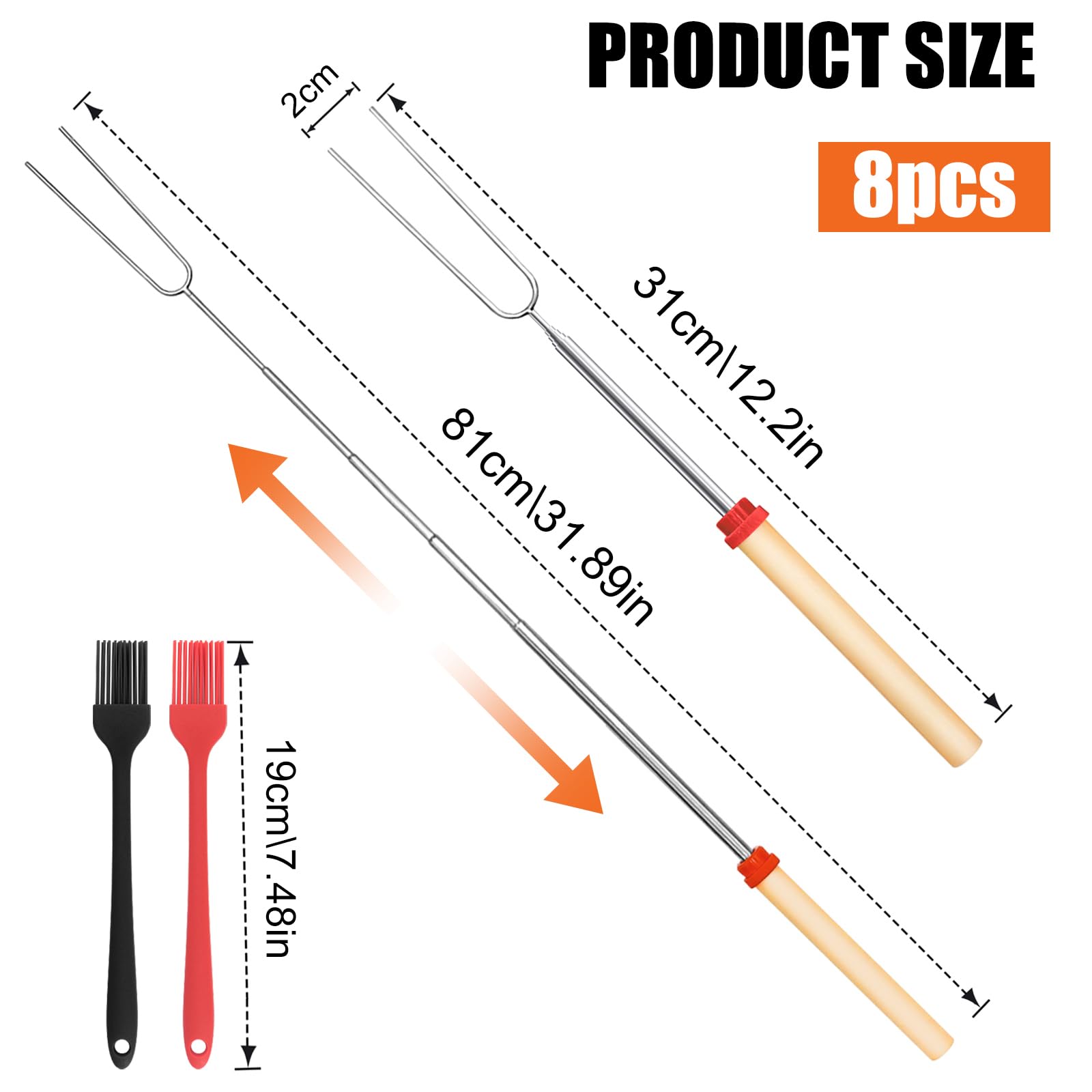8 Piezas Pinchos Telescópicos para Barbacoa, con 2 Cepillo de Aceite, Varillas de Barbacoa de Malvavisco, Brochetas Extensibles de Acero Inoxidable, Para Hoguera, Barbacoa, Camping, Picnics