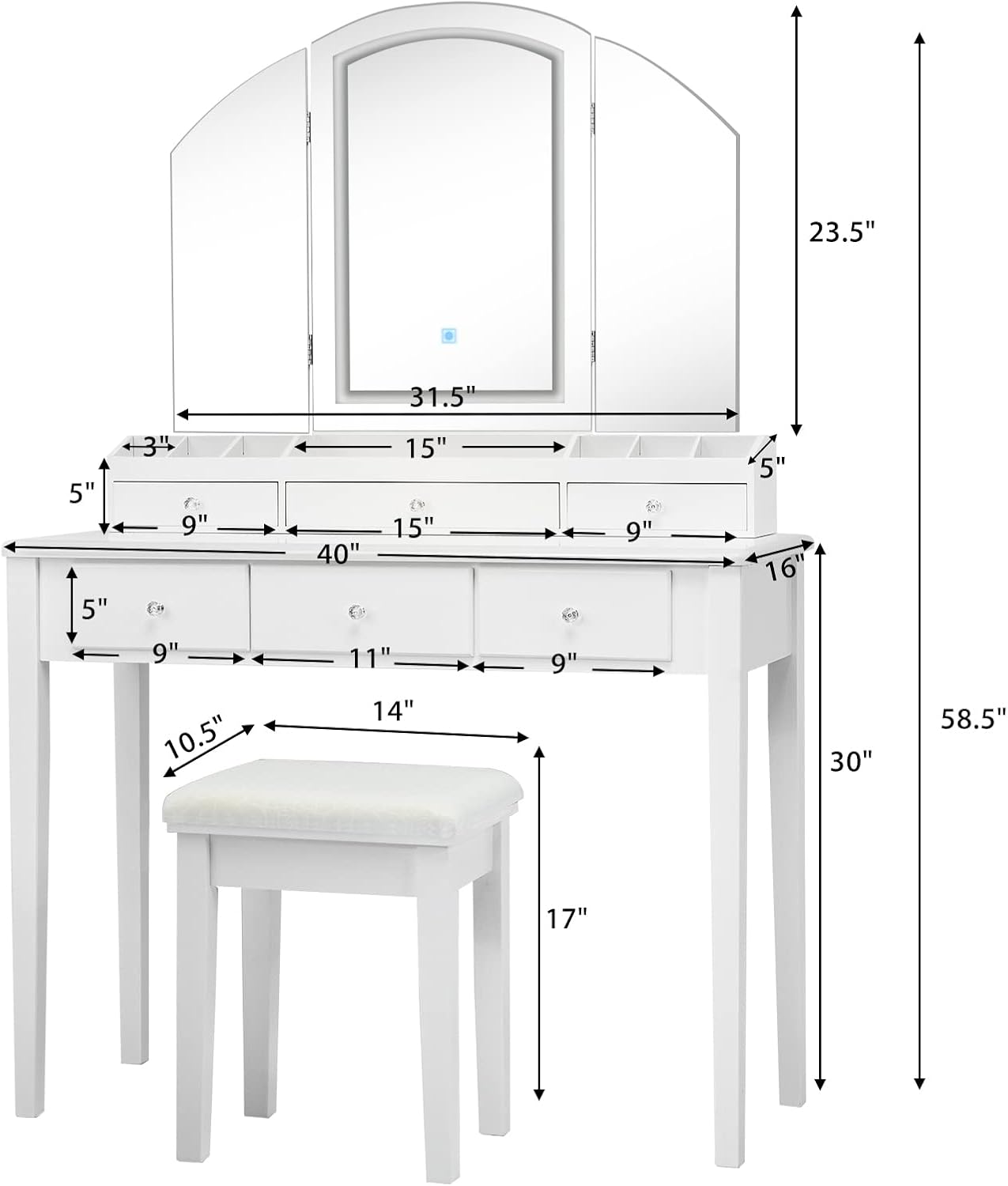 CHARMAID Makeup Vanity Desk with Lights and Mirror, Tri-Folding Lighted Mirror with 3 Color Modes, Vanity Table Set with 6 Drawers, 12 Storage Compartments & Cushioned Stool for Bedroom, White