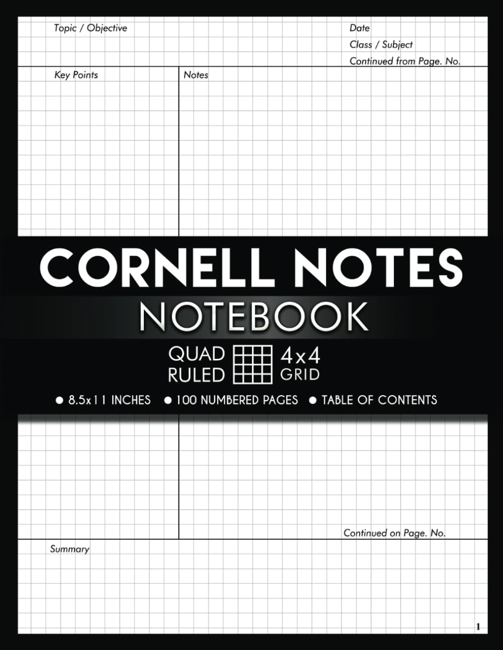 Cornell Notes Notebook Quad Ruled Graph Paper with 4x4 Grid: 4 Squares per Inch, 1/4" (0.25 Inch) | 100 Numbered Pages with Table of Contents (50 Double sided sheets) | 8.5 x 11 Page Size