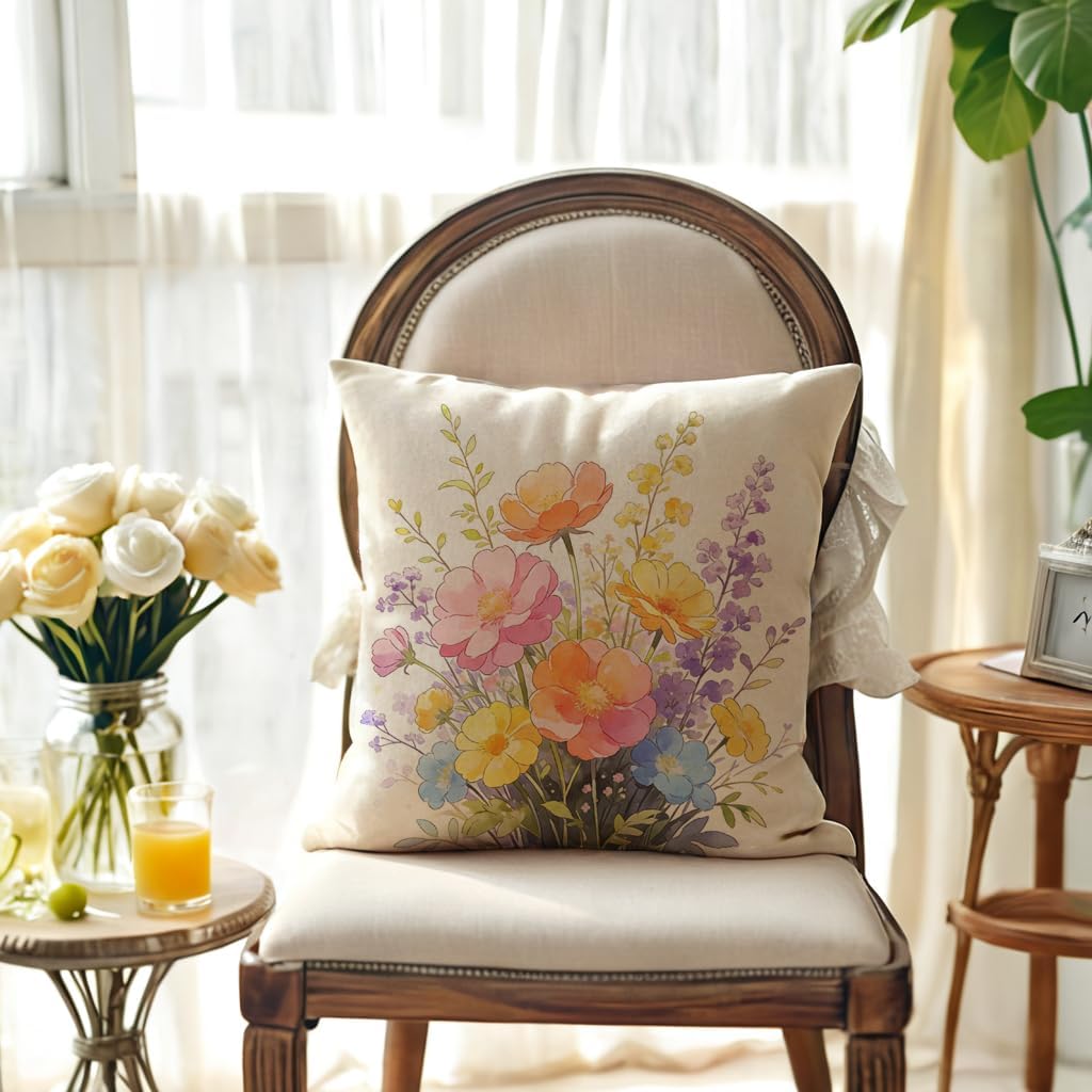 Watercolor Flower Throw Pillow Covers 18x18 inch,Set of 4 Vintage Floral Bouquet Decorative Pillow Cases Spring Farmhouse Home Decor Flower Cushion Cases,for Sofa Patio Bed (Multi) - Image 2