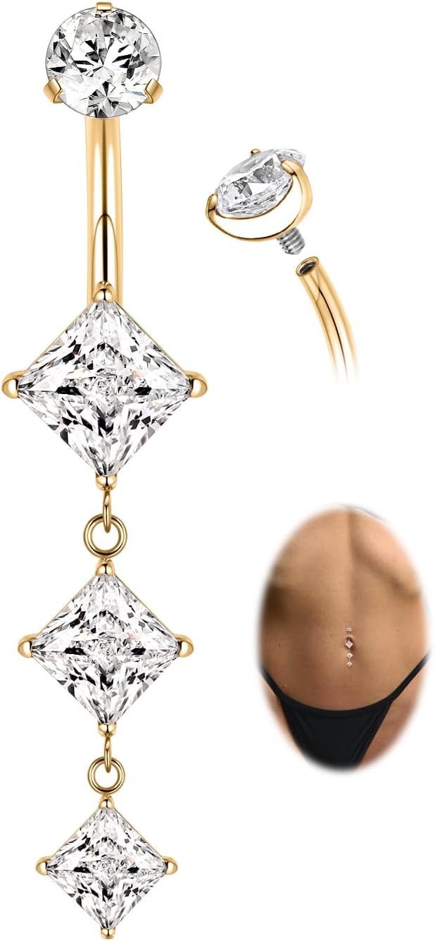 GAGABODY G23 Titanium Belly Button Ring Dangle Belly Rings Belly Piercing Jewelry 14G 3/8 inch 10mm Navel Barbell CZ Navel Piercing Ring