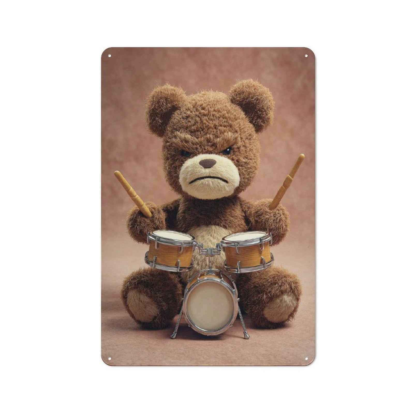 Vintage Grumpy Teddy Bear Drummer Tin Sign 30x20cm, Shed Wall Plaque for Garage, Workshop, Shed Or Utility Room