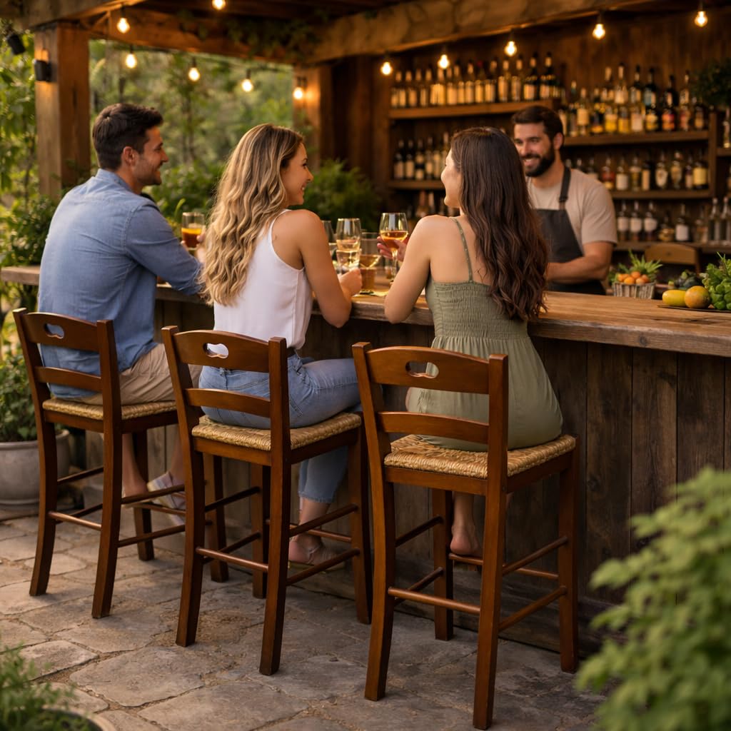 Set Sgabelli in Legno con Seduta Compatta - con Poggiapiedi, Schienale, Struttura Robusta, da Bar, Cucina, Ristorante, Soggiorno, Stile Classico, Rustico - 39X38X90CM (4PZ, Noce)