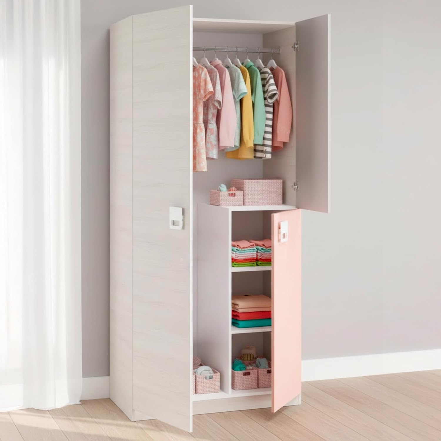 Bricozone Armadio Cameretta Ragazzi 3 Ante 200x90x52 Cm Con Barra Appendiabiti In Alluminio E 3 Ripiani Interni Bianco Alpi Grigio E Rosa Design Moderno Salvaspazio Con Maniglie ABS