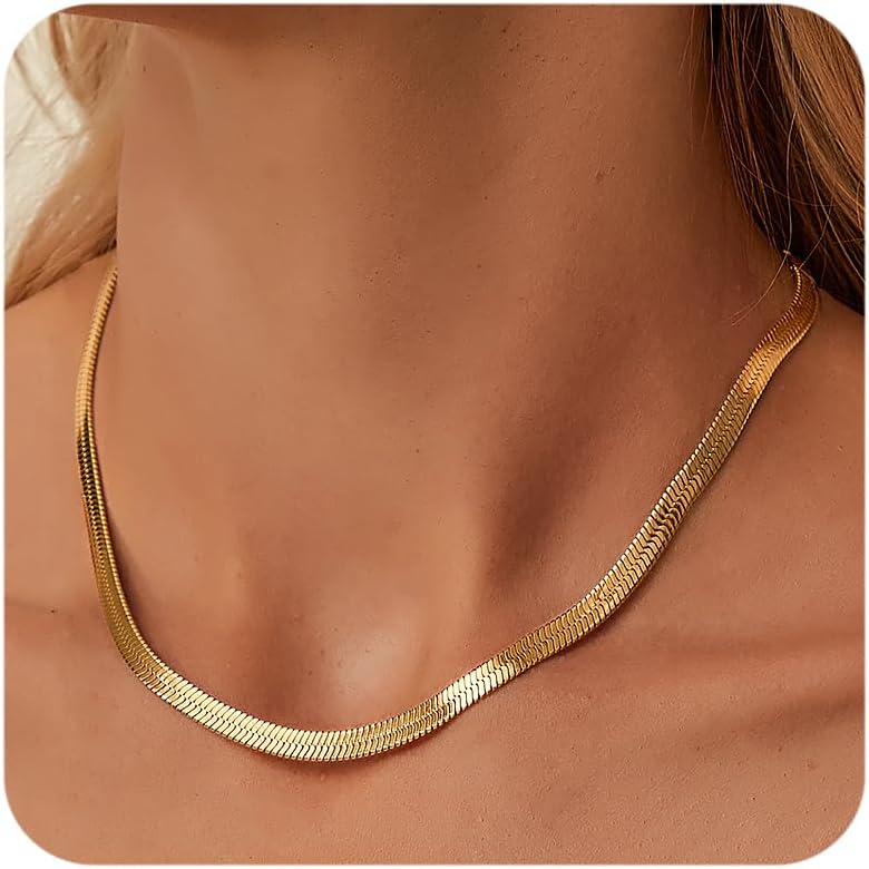 Jewlpire Silver/18K Gold Plated Herringbone Necklace for Women, 3mm 4mm 5mm Necklace for Women, Flat Snake Chain Necklaces, Fashion Women's Chain Necklaces 16 18 20 22 24 Inch