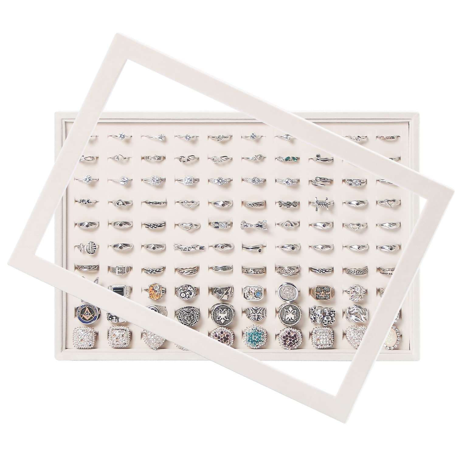 PangkeepPangkeep 100 Slots Ring Organizer Tray with Glass Lid,Jewelry Display Storage Case Box for Selling(Beige)