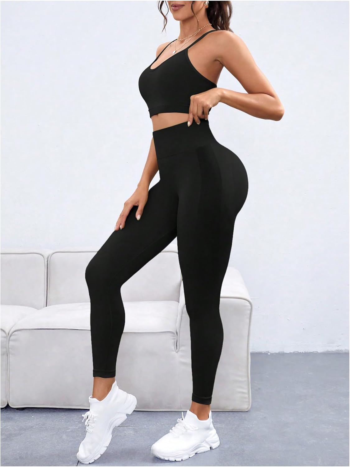 SHENHE Women's Workout Yoga Set 2 Piece Seamless Strappy Sports Bra High Waist Leggings Gym Set - Image 5