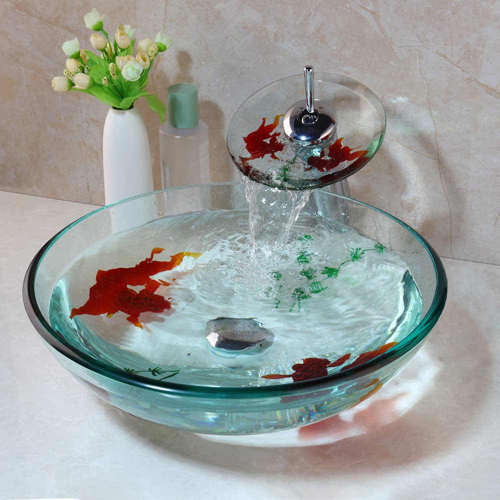 Bathroom Art Hand Painting Gold Fish Glass Basin Vanity Vessel Sink