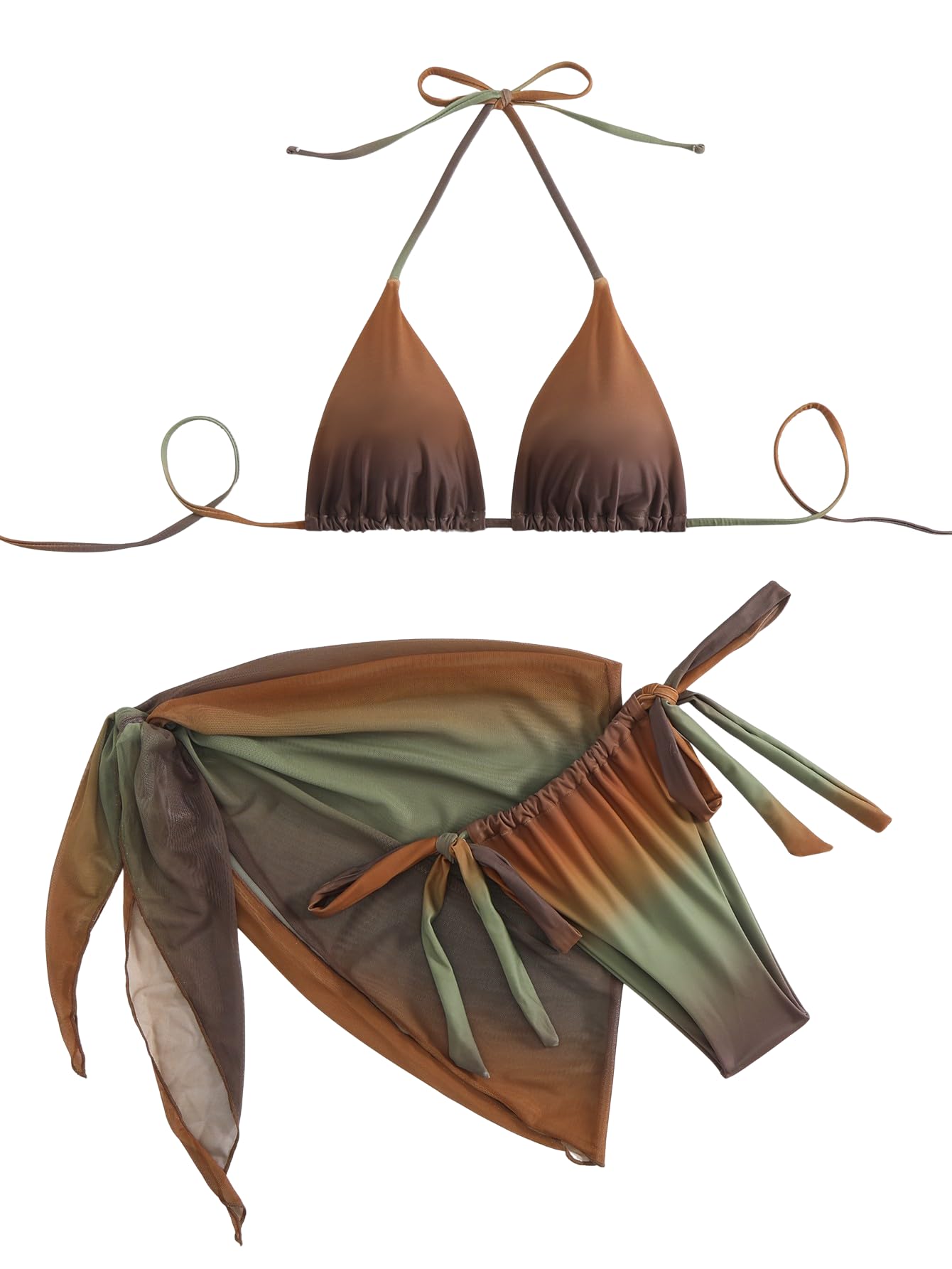 Women's 3 Piece Swimsuit Triangle Halter Side Tie Thong Bikini Set with Cover Up Skirt-image-8