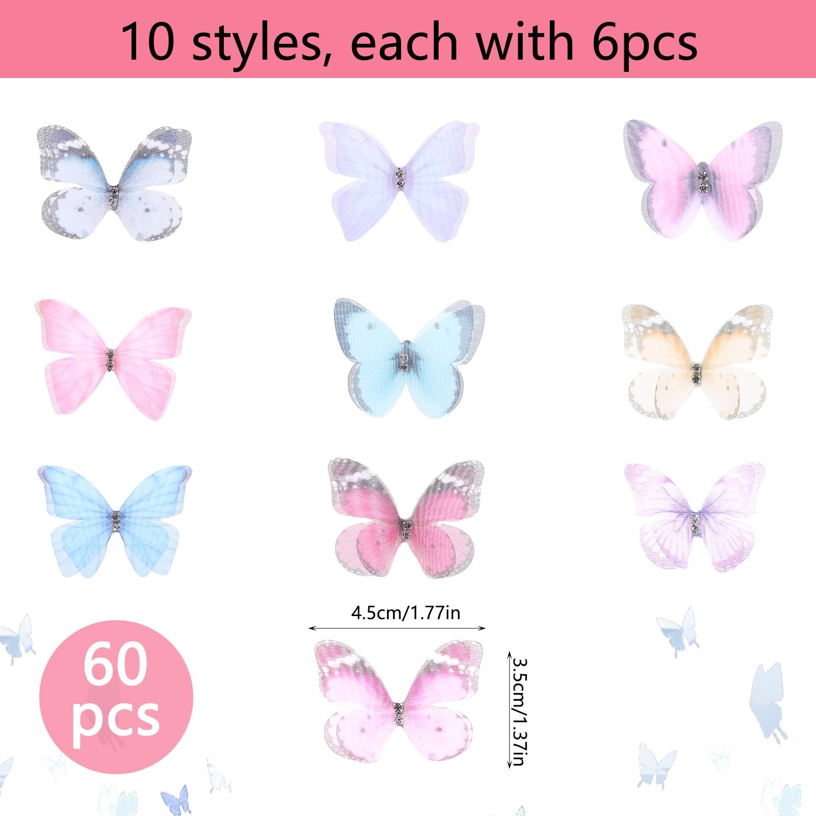 Farfalle 3D, 60 pezzi, tessuto in organza, in chiffon traslucido, farfalle decorative per decorazioni fai da te, scrapbooking, bagagli, fermaglio per capelli da parete e finestra