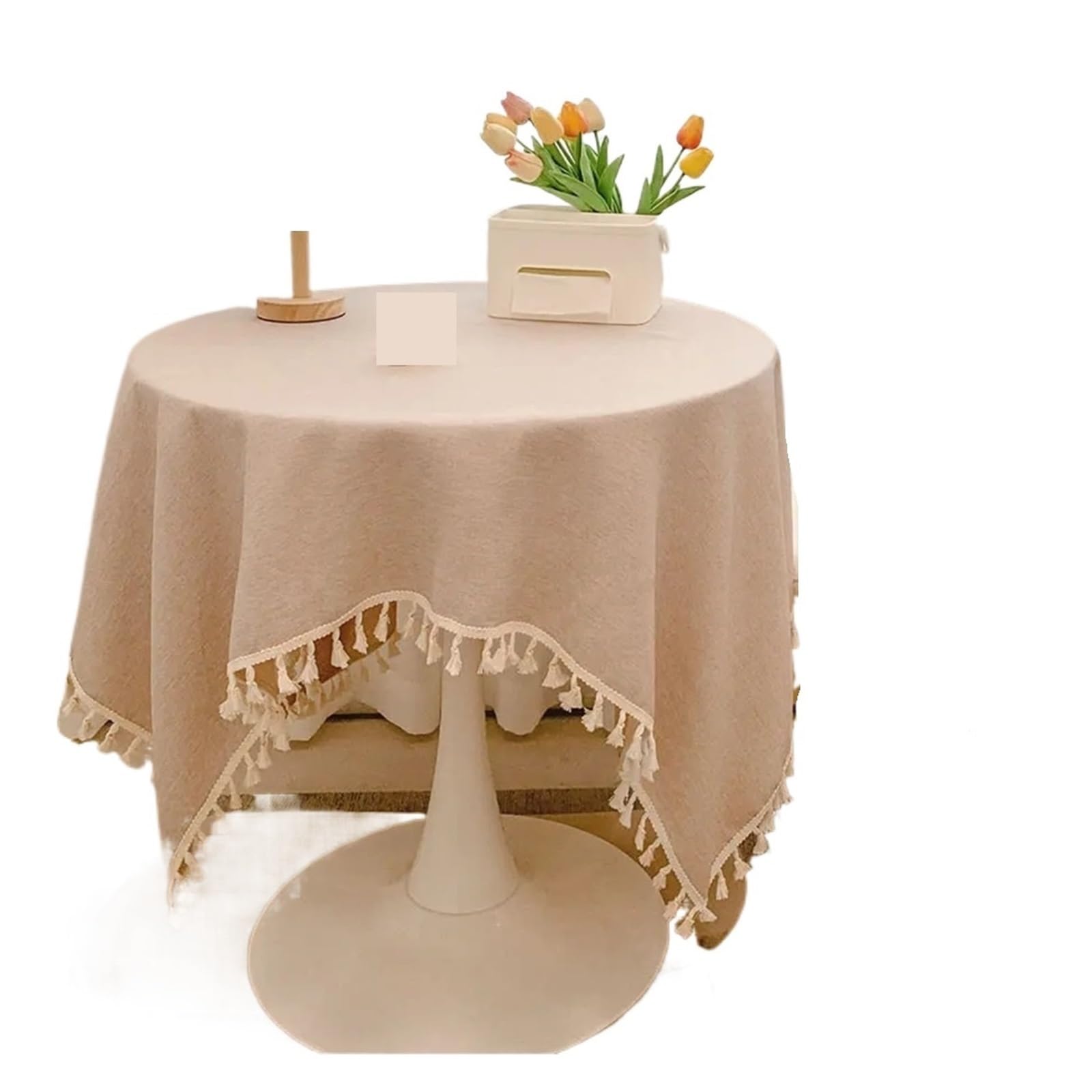 ZNTIHZ Rustic Tassels Tablecloth Cotton Linen Wedding Reception Table Cloth Tea Dining Decoration For Wedding Party Banquet(Khaki,140x140cm)
