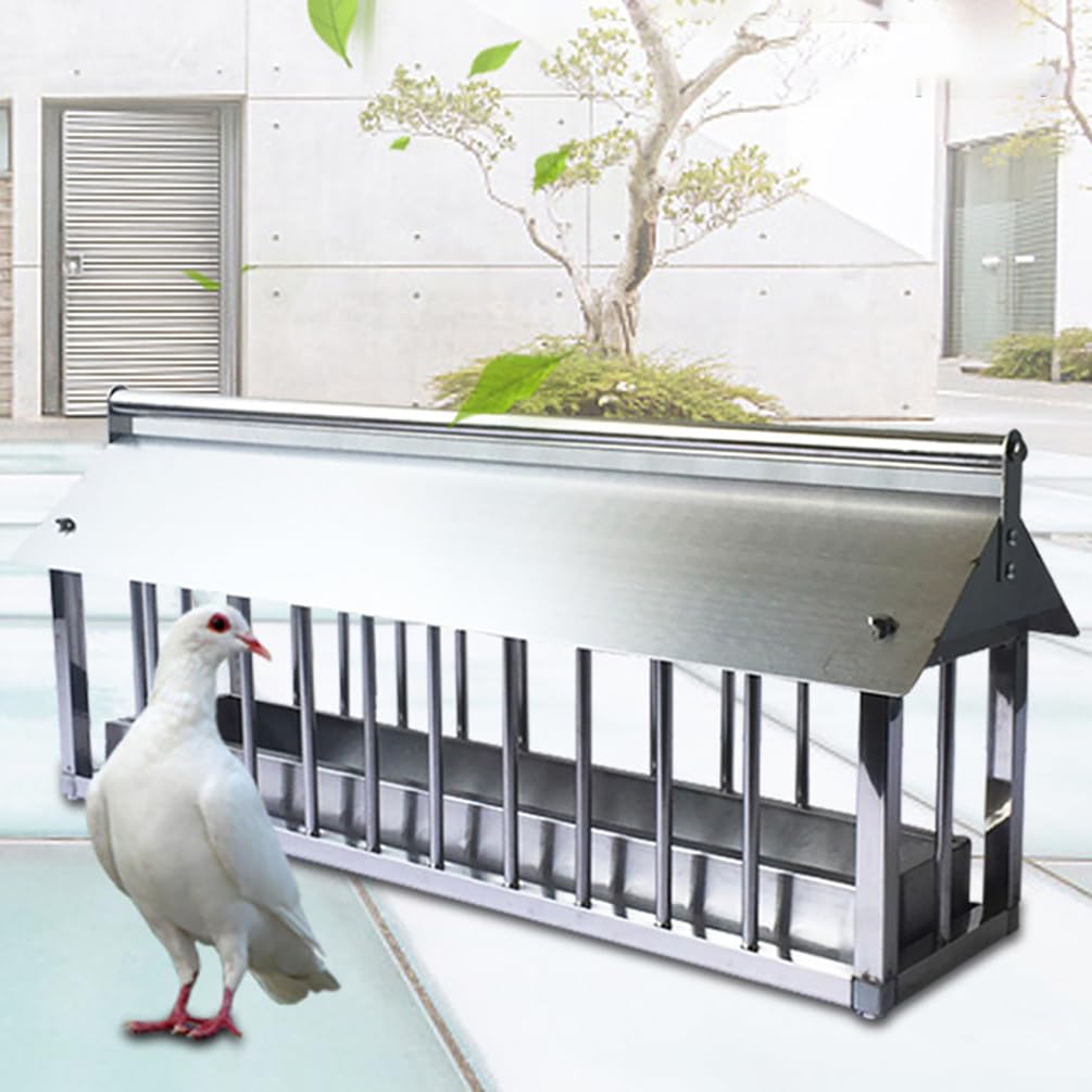 WYRNOBRX Large Stainless Steel Pigeon Feeder Poultry Feeding Equipment Automatic Chicken Feeder with Pull-Out Feeders Trough for Chickens, Ducks, And Geese Rainproof,Silver,L80*H27*W19