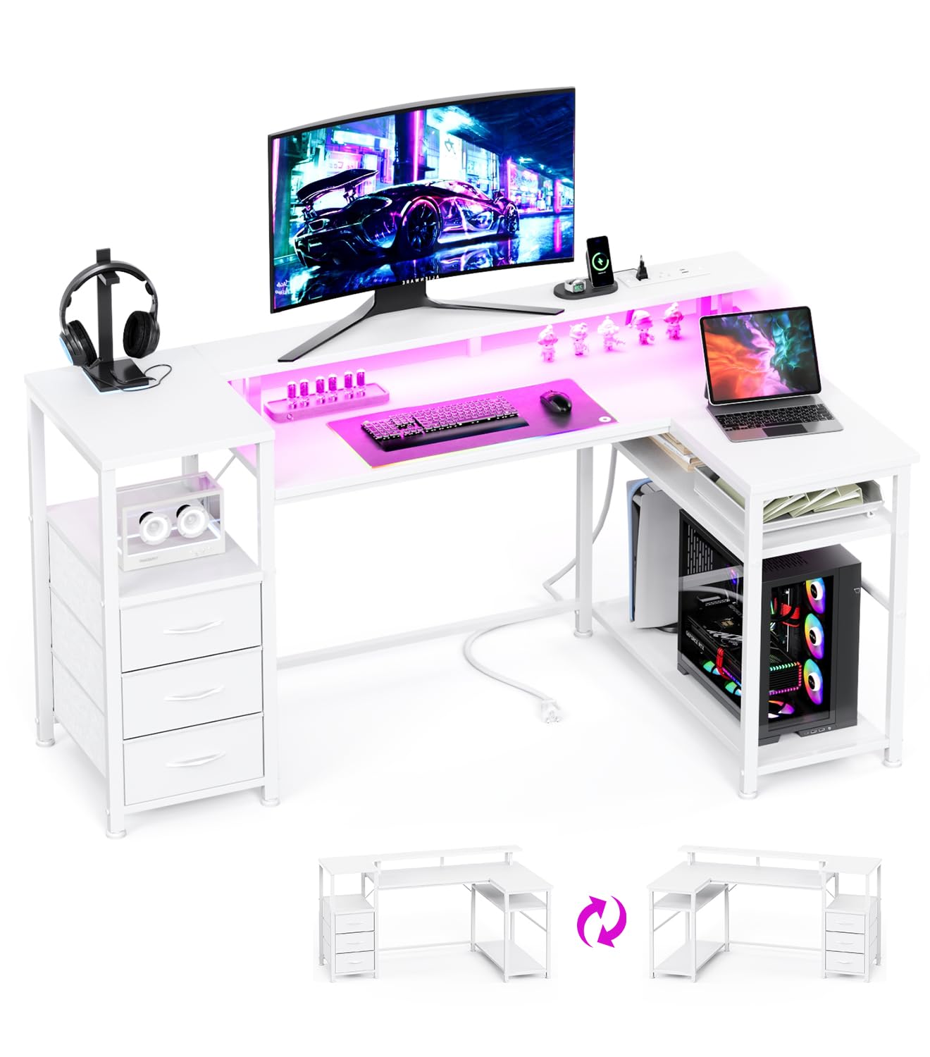 KitMent 120cm Corner Desk with 3 Drawers, Power Outlets & USB Ports, White