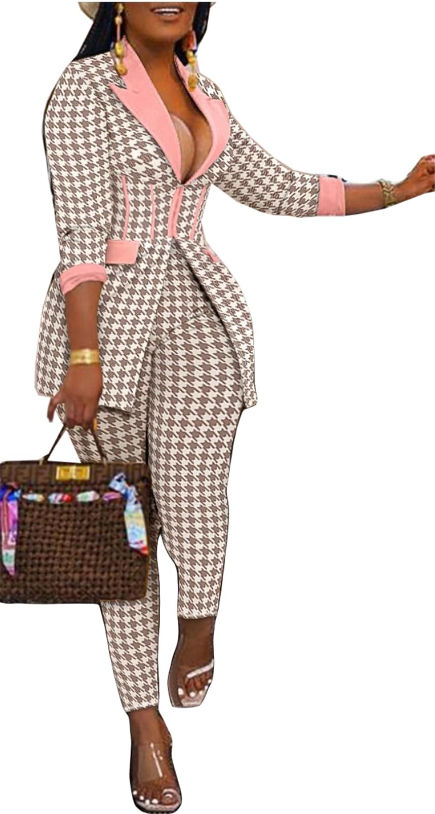 Recious Womens Sexy 2 Pieces Houndstooth Printed Blazer Jackets Bodycon Pants Party Clubwear Tracksuit Outfits Suit Set