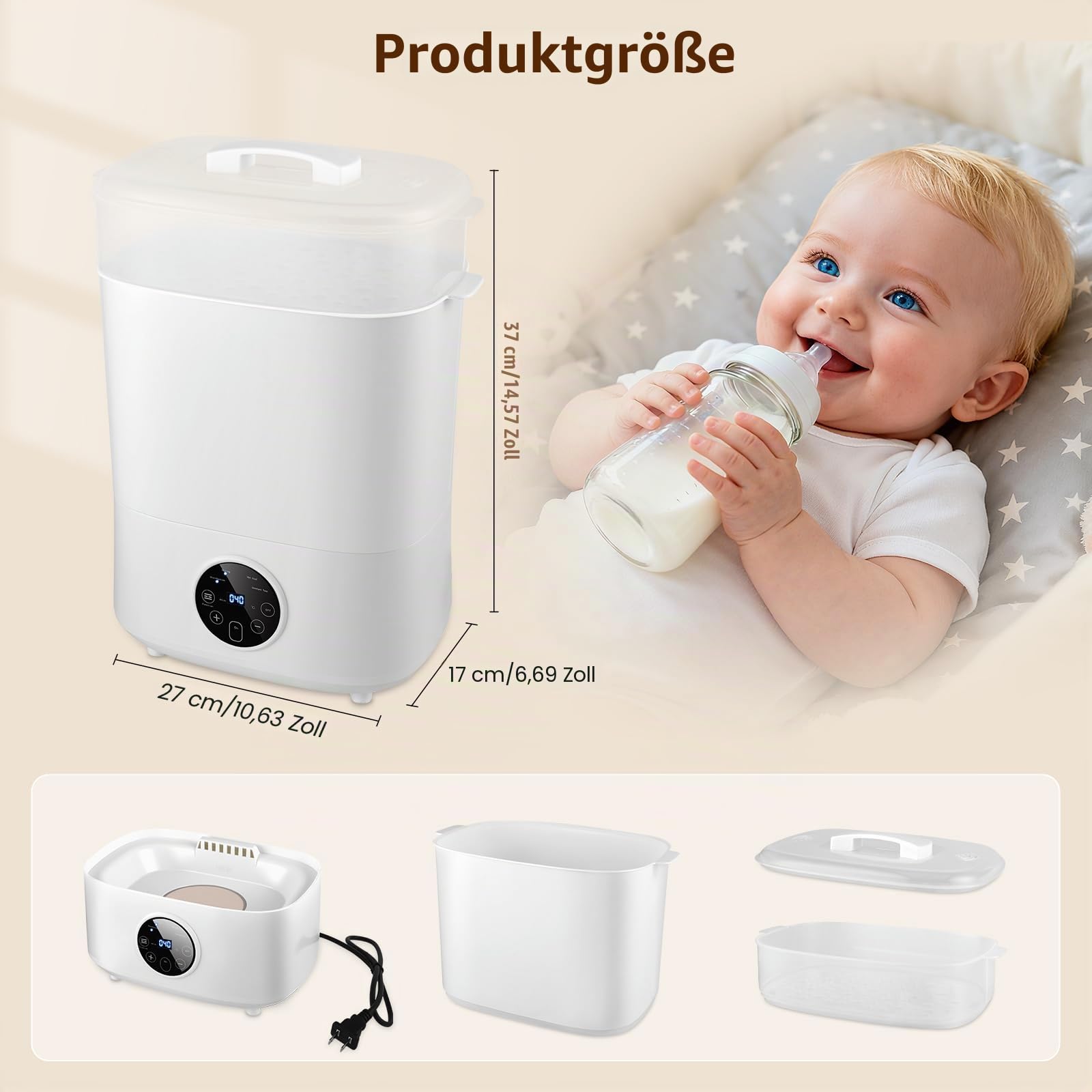 Sterilisator für Babyflaschen, Flaschen Sterilisator Baby | 5-in-1: Sterilisieren, Trocknen, Auto-Sterilisieren&Trocknen, Essen Aufwärmen, Flaschen Warmhalten | 8 Flaschen Kapazität, 24h Keimschutz