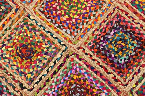 Alfombra de yute rectangular geométrica multicolor de algodón trenzado a mano 7