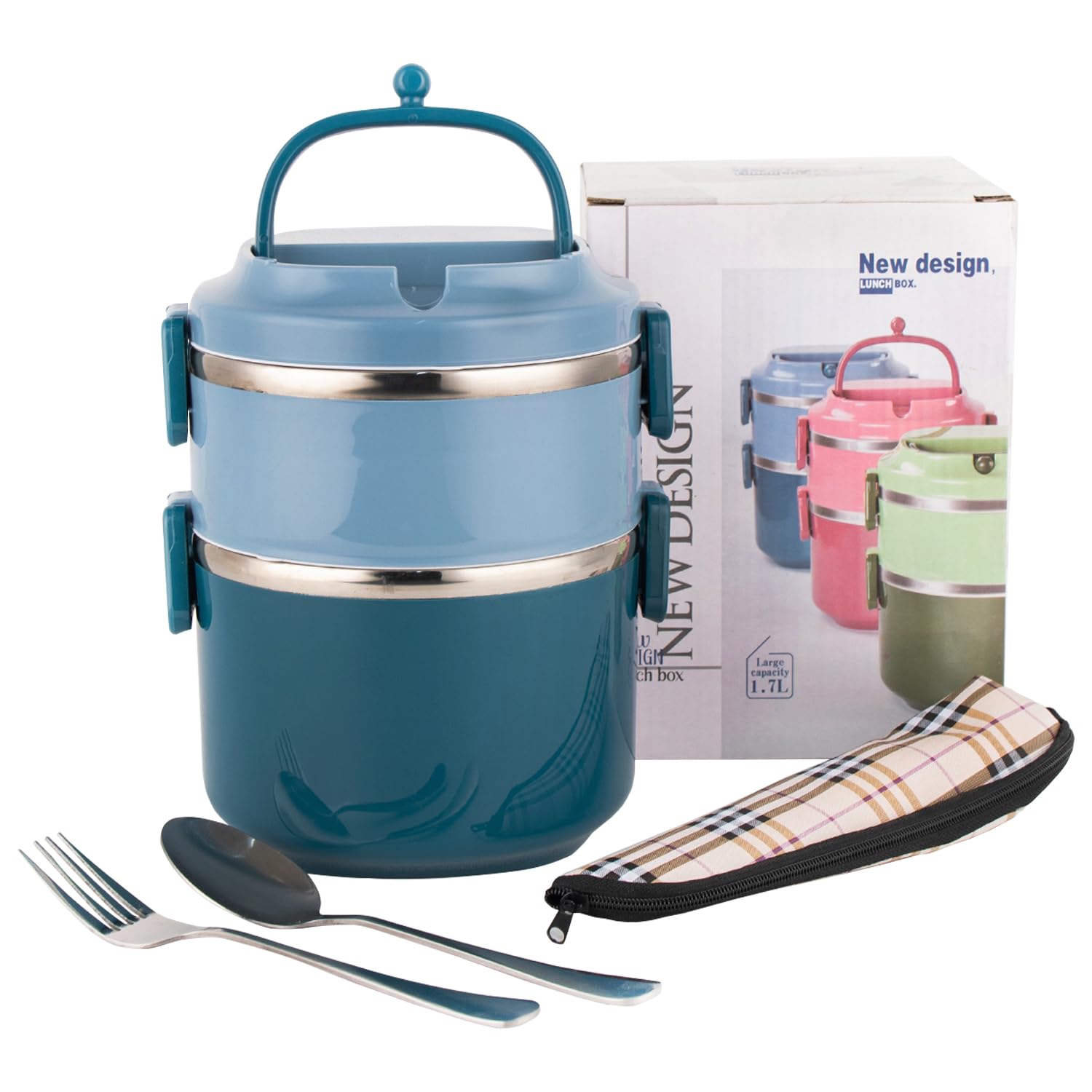 SANQIAHOME 2 Schichten Mehrschichtige stapelbare Edelstahl-Lunchbox,Auslaufsicher,blau