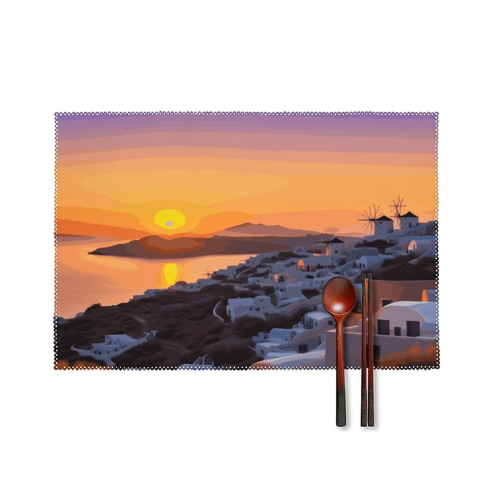 Fekiloot Style Greece Island Sunset Landscape Placemats Set Of 6,Table Mat