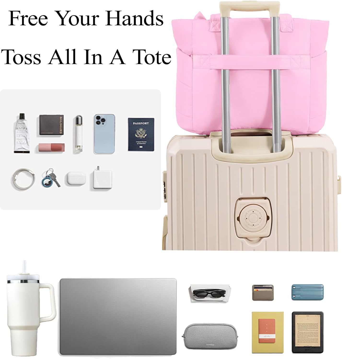 Puffer Tote Bag for Women, Quilted Bow Tote Bag with Cup Holder & 15.6 In Laptop Compartment for Work, Travel, Gym, College - Image 5