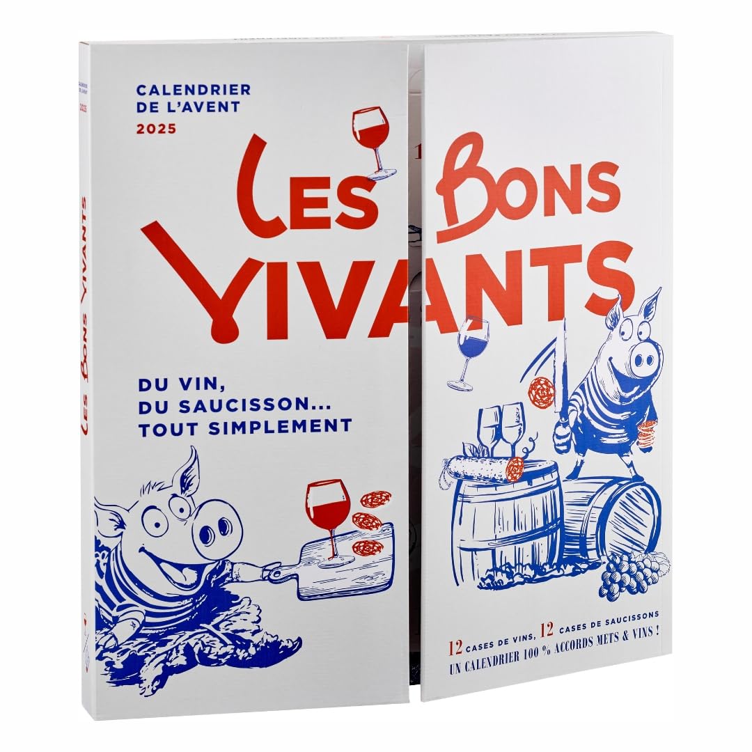 Calendario de Adviento 2025 Vinos & Embutidos, «Les Bons Vivants», 12 botellitas x 40 ml, 24 bocados de salchichón, Cata de Vinos, Idea de Regalo para hombre/mujer