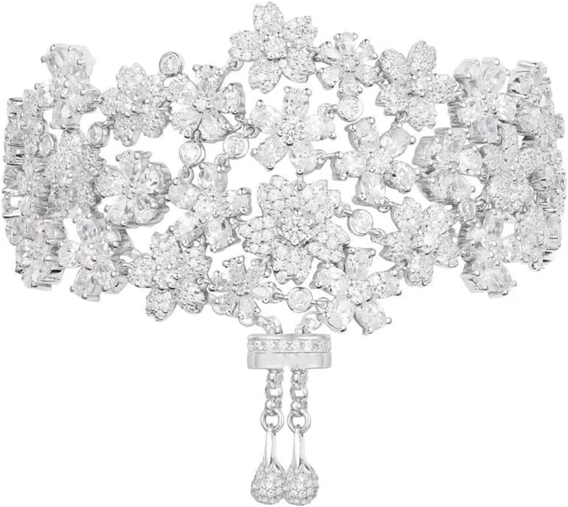 ALREMO HUANGXING - 925 Sterling Silver Dazzling Floral Bracelet Gorgeous Crystal Flowers Bangle Unique Open Adjustable Bracelet Wedding Jewelry (Metal Color : Platinum Plated)