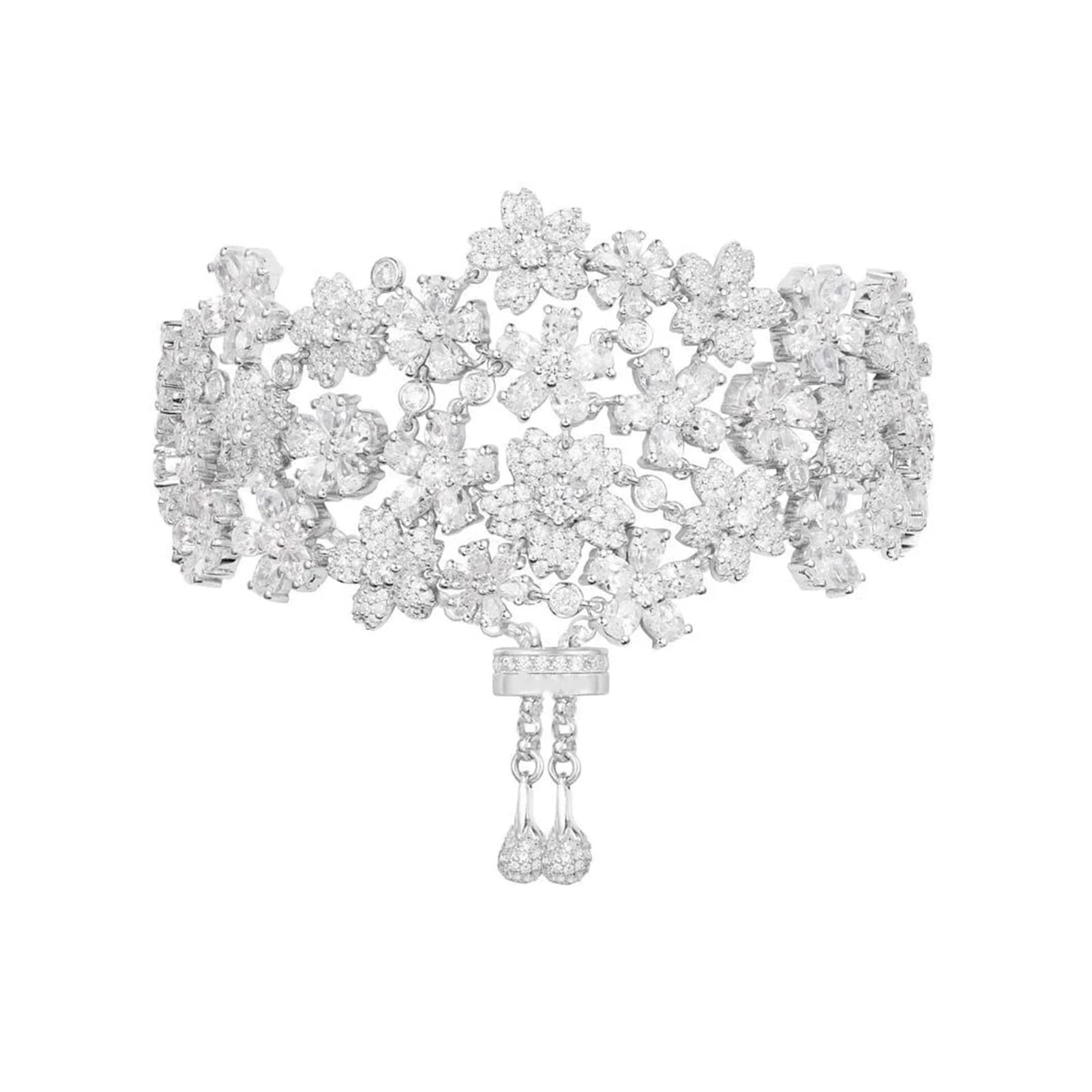 ALREMO HUANGXING - 925 Sterling Silver Dazzling Floral Bracelet Gorgeous Crystal Flowers Bangle Unique Open Adjustable Bracelet Wedding Jewelry (Metal Color : Platinum Plated)
