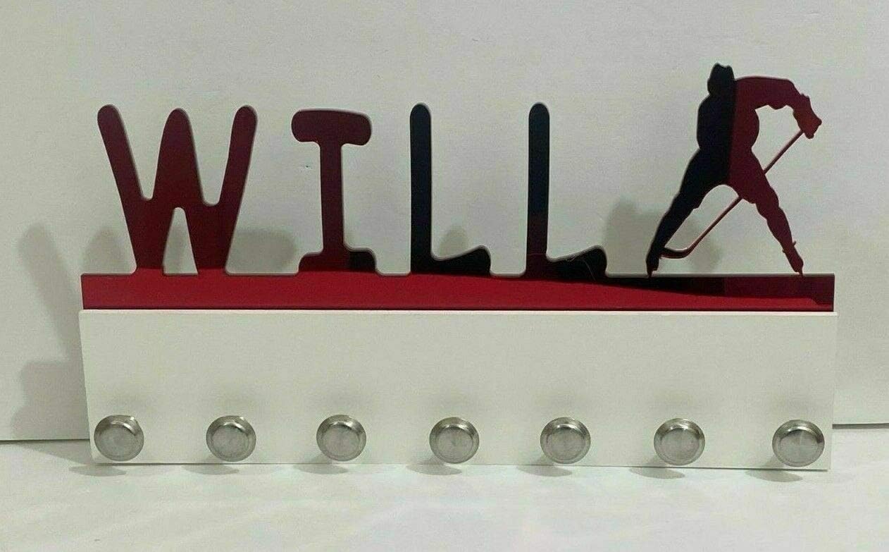 Custom Personalized Name Medal Holder Boy Men Man Male Ice Hockey Puck Speed Skate Skater Awards Display Hanger Rack with Hooks 60+ Medals Ribbons Sports 16'' Wide Made To Order With Your Name On It