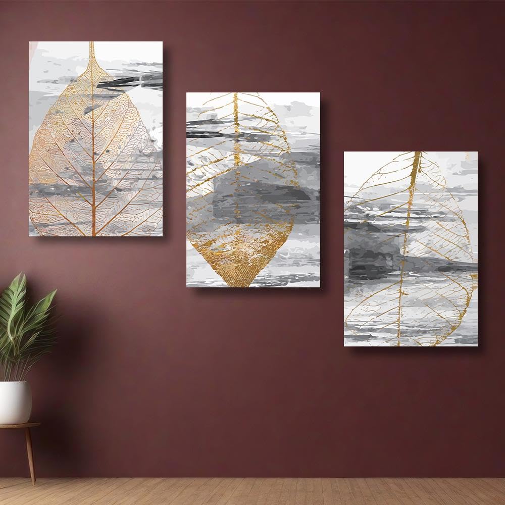 Wakefit Wall Painting, Abstract Leaves Impres Canvas Wall Art, Wooden Framed Leaves,Painting for Wall decoration, Wall Painting for Living Room, Modern Home Decor, Set of 3, (Size of one: 24 x 36 Inch)