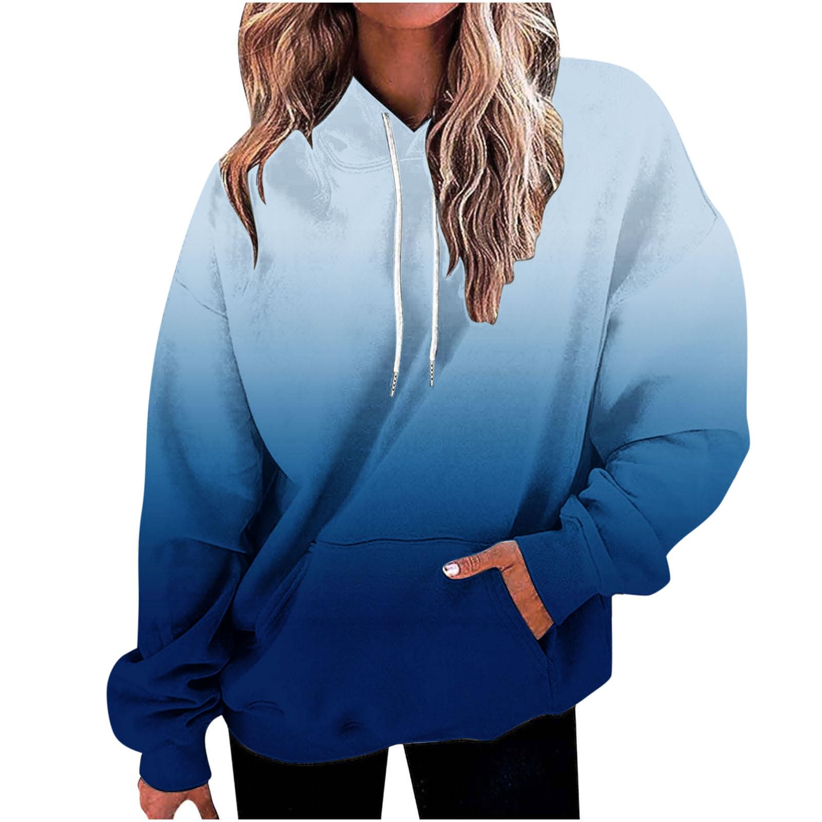 Women's Hoodies Oversized Gradient Long Sleeve Casual Sweatshirts Plus Size Drawstring Large Pocket Pullover Tops