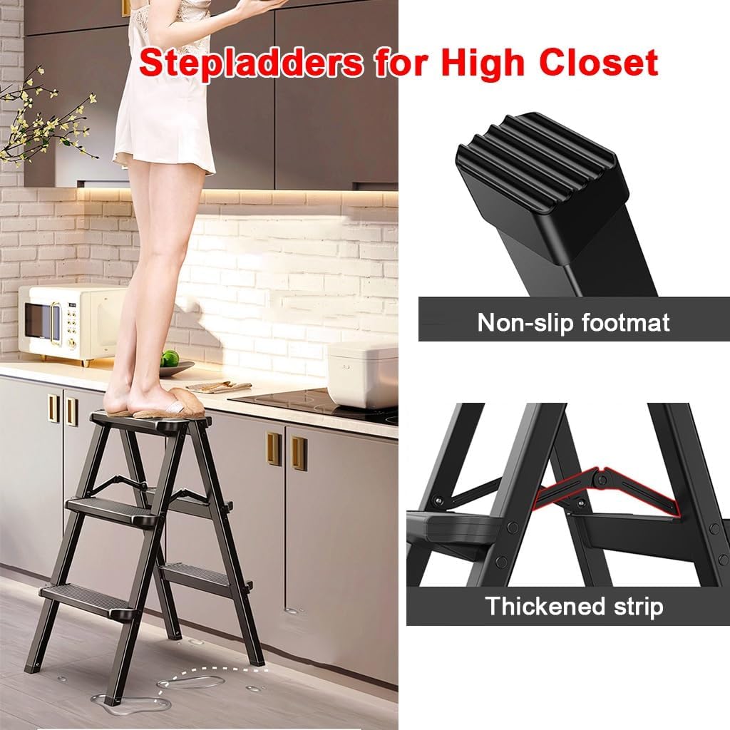 YCKEGEW 3 Step Household Ladder Step Ladders Folding with Anti-Slip Wide Pedal,150KG Max Capacity, Easy to Store,Sturdy Aluminium Ladder Stool(Silver Grey)
