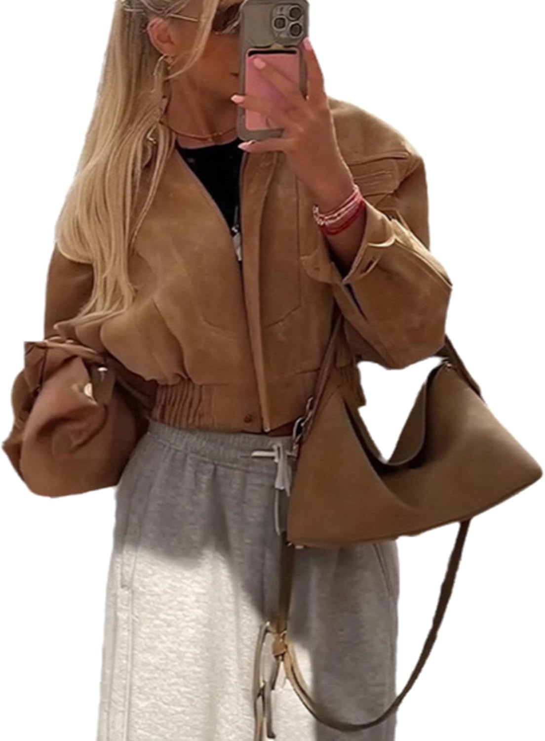 Cropped Jacket Women Faux Suede Long Sleeve Lapel Zip Up Brown Suede Jacket Women 2025