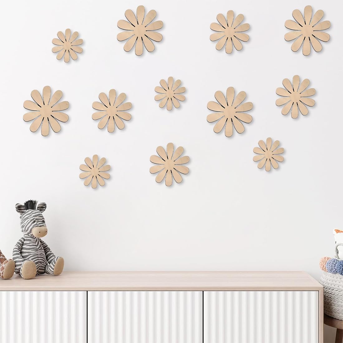 12 Stück Kinderzimmer Deko Daisy Wanddeko Kinderzimmer Mädchen Jungen Boho Stil Wanddeko Set Gänseblümchen Basteln Set Holz DIY Boho Deko Blumen Wandtattoo