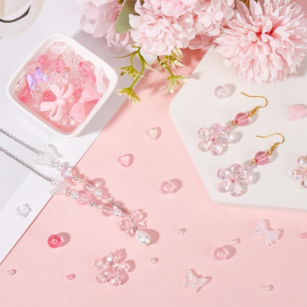 SUNNYCLUE 300Pcs 17 Styles Assorted Acrylic Beads Butterfly Heart Bead Bulk Pink Candy Color Pastel Plastic Flower Star Bow Round Beads for Bracelets Jewelry Making Necklace Accessories - Image 4