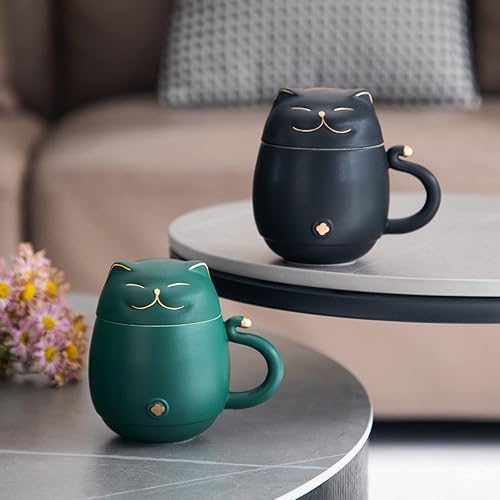 Miniatura 4 de HEER Taza de té de cerámica con infusor y tapa bonita taza de café de gato de la suerte regalo para los amantes de los gatos taza de té china de