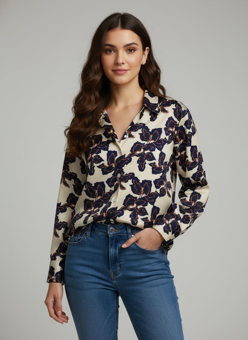 ANNI Designer Bedrucktes Damenhemd aus Baumwollmischgewebe, langärmelig, normale Passform, Hemdkragen, legere Bürokleidung, elegante Western-Kleidung für den Alltag, Hochzeit, Party
