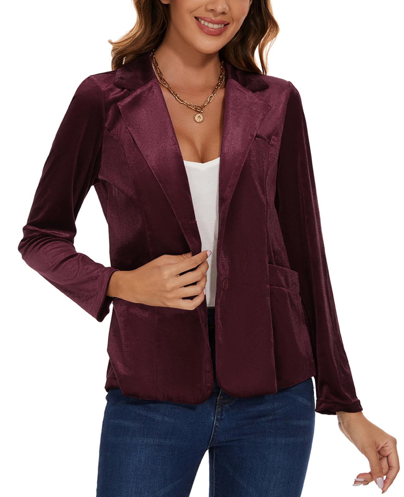 Womens Velvet Blazer Suit Jacket Casual Work Office Long Sleeve One Button Jacket Coat Blazer with Pockets