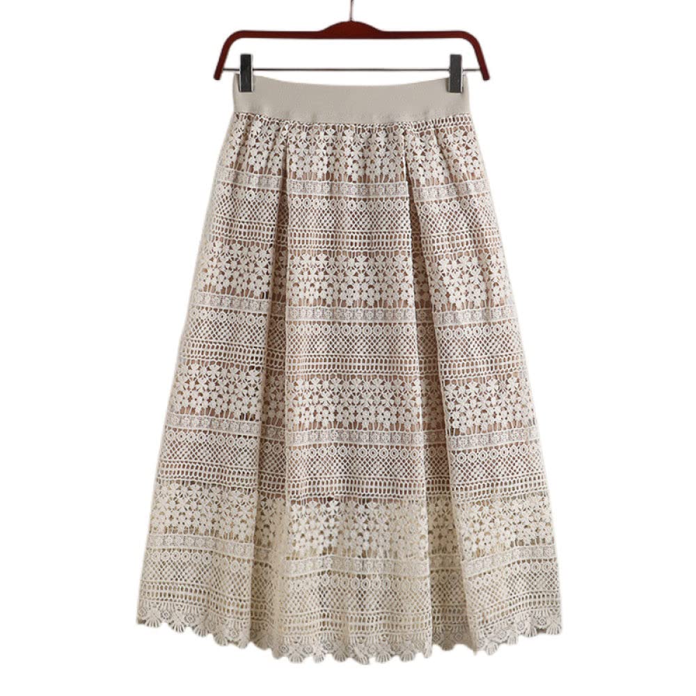 OZEO Röcke,Damen Midirock Beige Hohe Taille Haken Blumenstickerei Plissee Skir Retro A-Linie Große Schaukel Geraffte Elegante Lange Röcke Für Damen Mädchen Herbst,S
