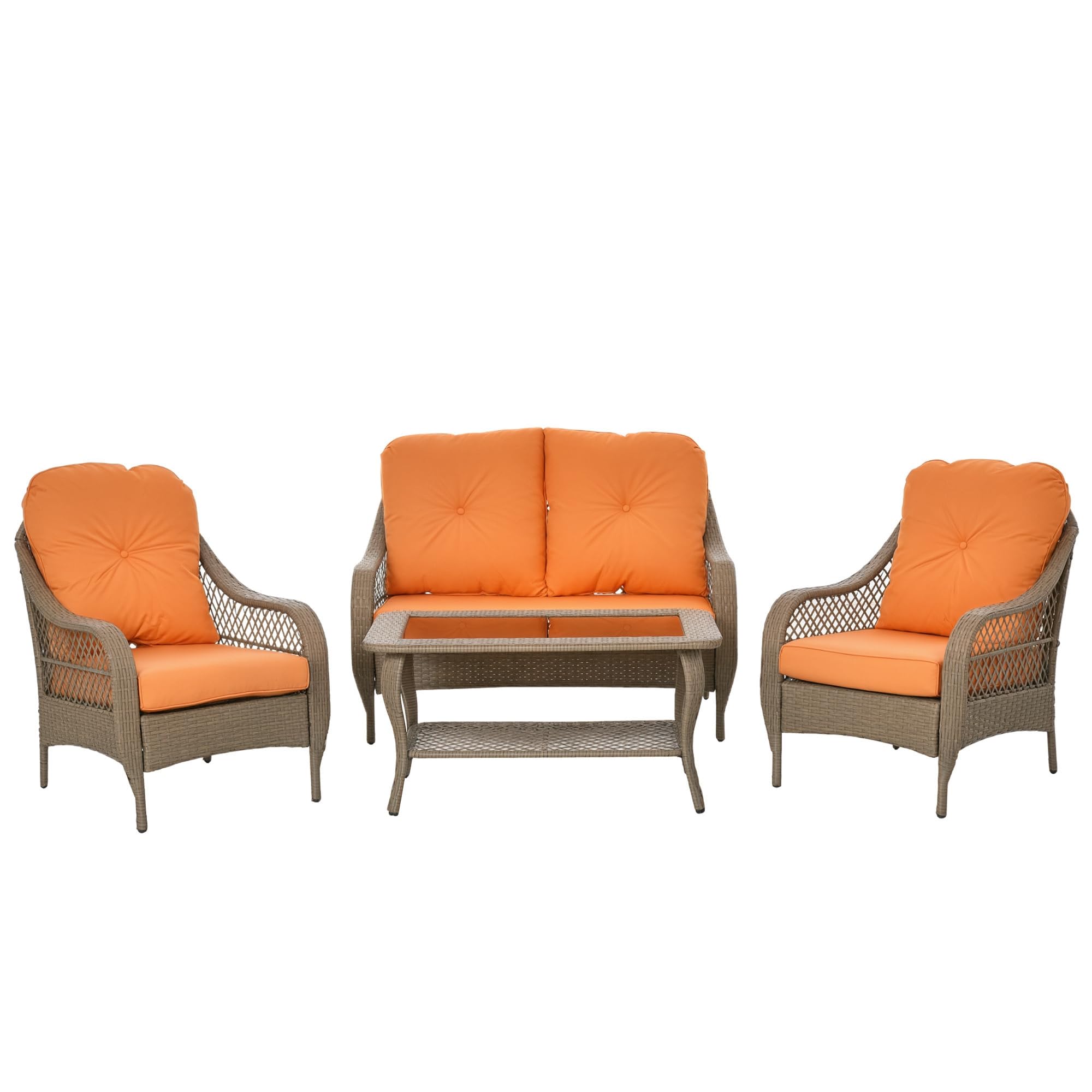 Outsunny Set Mobili da Giardino Rattan PE 2 Poltrone Khaki e Arancione | Divano a 2 Posti, Tavolo, Cuscini