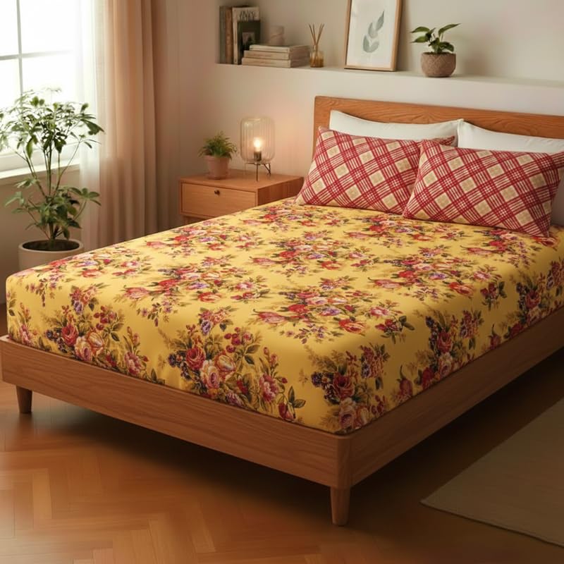 Image of Utopia Bedding Poly Cotton Floral Double Size Bedsheet Set with Bedsheet & 2 Pillow Covers, Ultra Soft Cotton(TAN) 228x245 CM