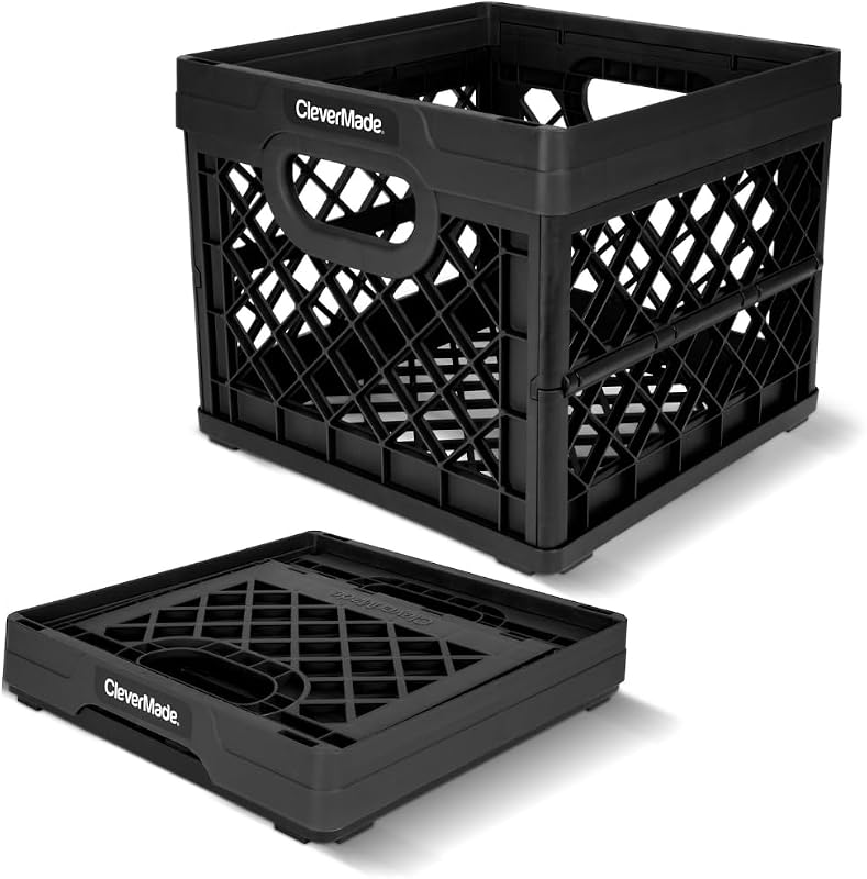 CleverMade Collapsible Milk Crate (100% Recycled) - 25L - Obsidian | Organize Files, Groceries, and Gear in One Crate | Built-In Rails Hold Letter Folders, While the Frame Stacks Securely