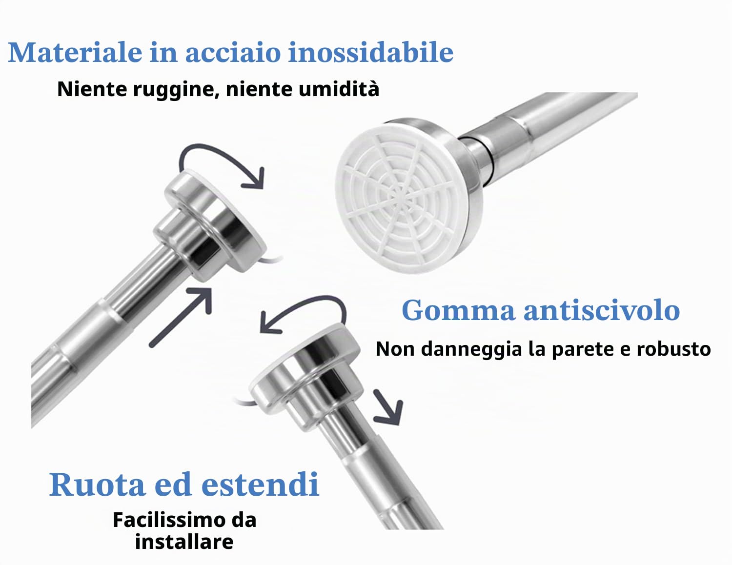 Asta telescopica per tenda da doccia, estensibile, in acciaio INOX., Acciaio inossidabile, Silver, 105-170cm